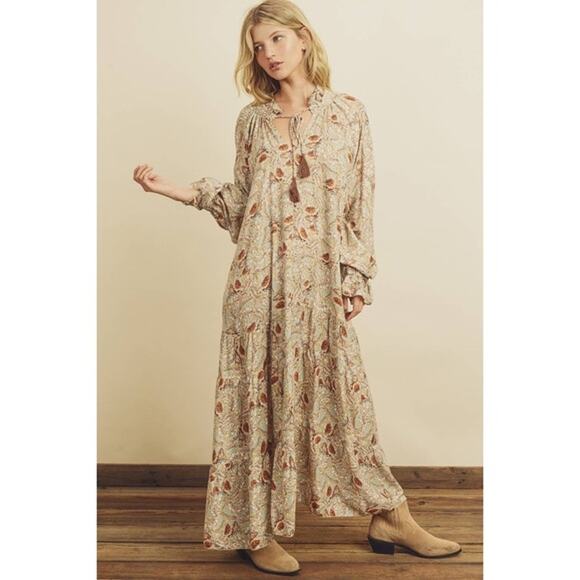 Aura Falling Foliage Brown Floral Paisley Long Sleeve Tiered Peasant Maxi Dress - Picture 2 of 12